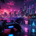 Neon gaming city with controller and digital pre-order screen representing GTA 6 price and digital shift