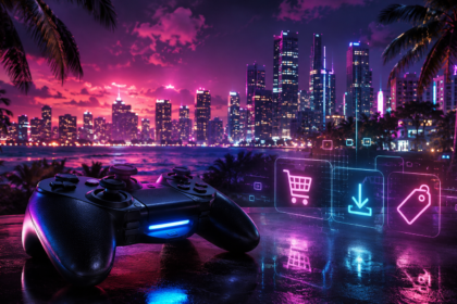 Neon gaming city with controller and digital pre-order screen representing GTA 6 price and digital shift