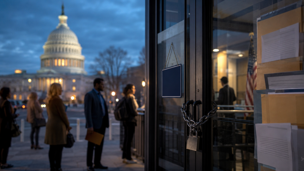 U.S. Capitol and closed federal office representing government shutdown explained