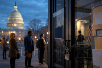 U.S. Capitol and closed federal office representing government shutdown explained