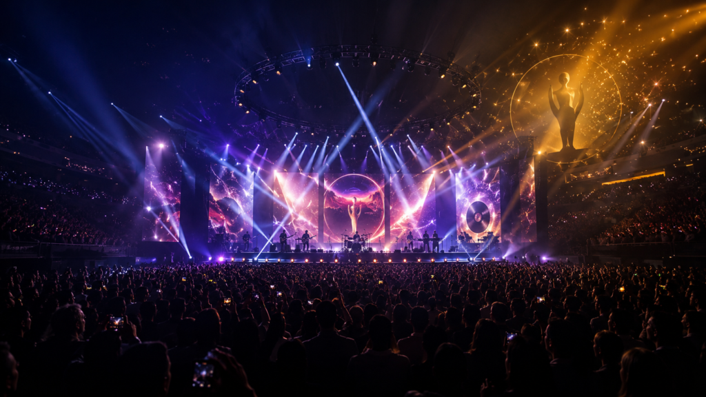 Concert stage with dramatic lighting, large crowd silhouette, and award show atmosphere representing 2026 music trends