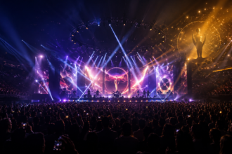 Concert stage with dramatic lighting, large crowd silhouette, and award show atmosphere representing 2026 music trends