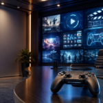 Modern entertainment studio office with gaming controller and digital screens representing Paramount Games Studio