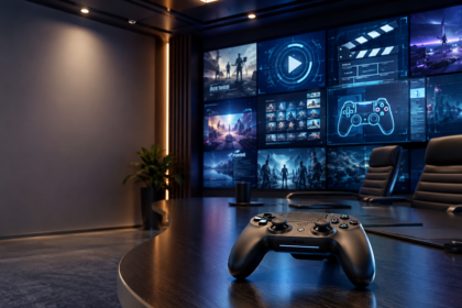 Modern entertainment studio office with gaming controller and digital screens representing Paramount Games Studio