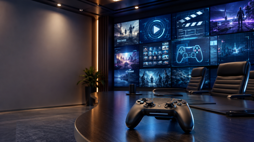 Modern entertainment studio office with gaming controller and digital screens representing Paramount Games Studio