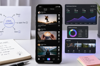 Vertical short-form videos on a smartphone showing social media feeds, creators, likes, comments, and shares
