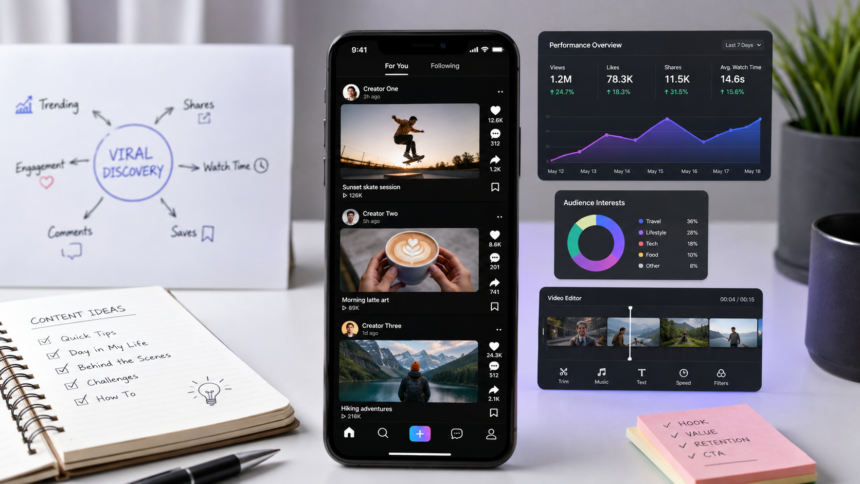 Vertical short-form videos on a smartphone showing social media feeds, creators, likes, comments, and shares