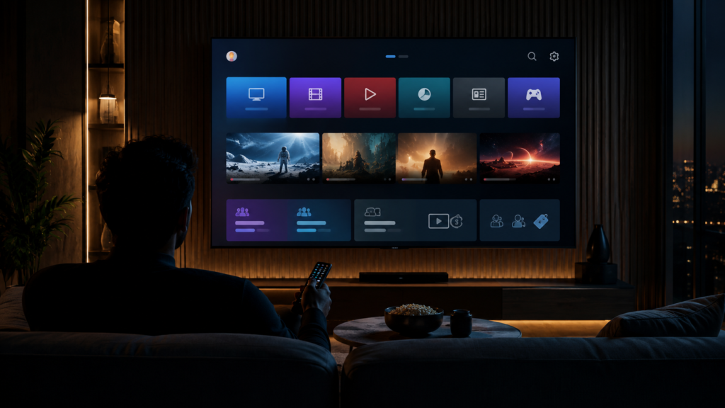 Smart TV showing generic streaming tiles with ads, bundles and subscription choices in a modern living room