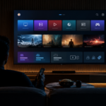 Smart TV showing generic streaming tiles with ads, bundles and subscription choices in a modern living room