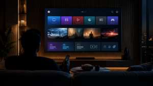 Smart TV showing generic streaming tiles with ads, bundles and subscription choices in a modern living room