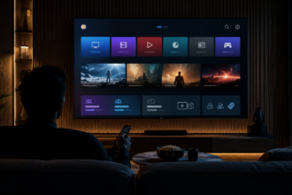 Smart TV showing generic streaming tiles with ads, bundles and subscription choices in a modern living room