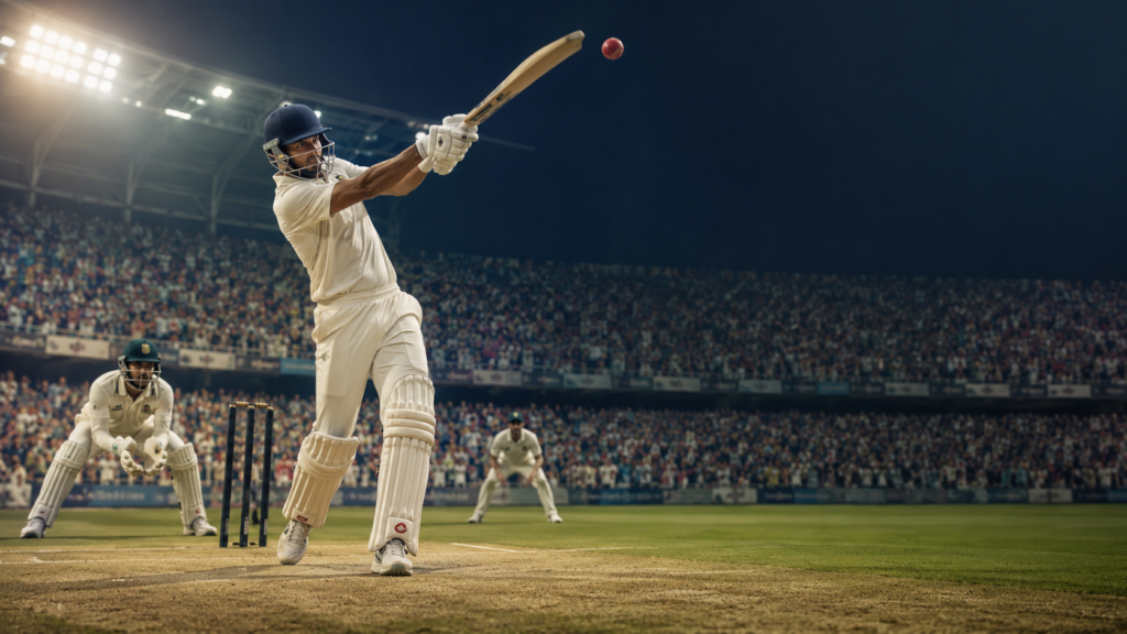 A T20 cricket match showing power hitting and modern cricket strategy