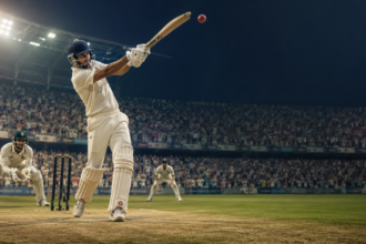 A T20 cricket match showing power hitting and modern cricket strategy