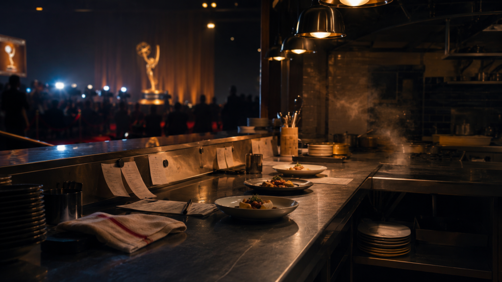 A professional kitchen at night bathed in dramatic lighting, representing the finale of a prestige TV show entering the Emmy Awards race