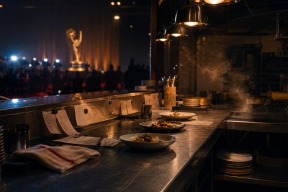 A professional kitchen at night bathed in dramatic lighting, representing the finale of a prestige TV show entering the Emmy Awards race