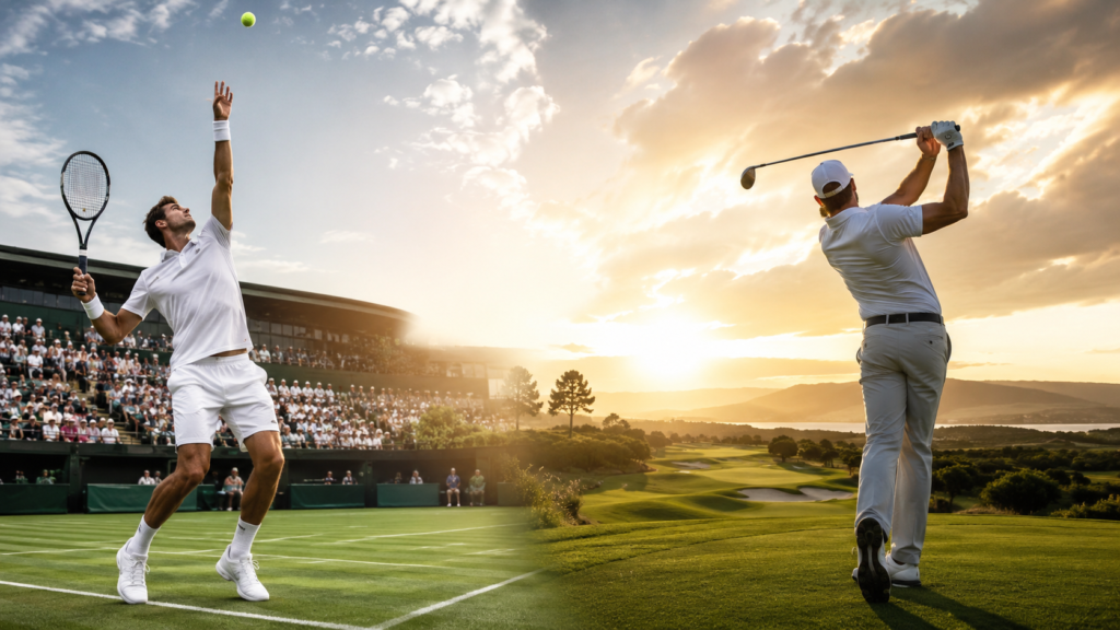 Split editorial scene showing a tennis player at Wimbledon and a golfer on a PGA Tour course, symbolizing tennis and golf entering a new era