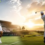 Split editorial scene showing a tennis player at Wimbledon and a golfer on a PGA Tour course, symbolizing tennis and golf entering a new era