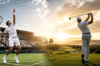 Split editorial scene showing a tennis player at Wimbledon and a golfer on a PGA Tour course, symbolizing tennis and golf entering a new era