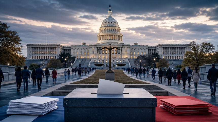 U.S. Capitol with ballots representing U.S. Midterm Elections 2026 Senate and House control