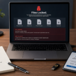Laptop screen showing ransomware warning with locked files and cybersecurity protection icons