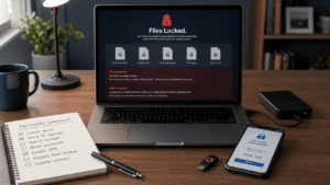 Laptop screen showing ransomware warning with locked files and cybersecurity protection icons