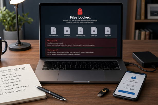 Laptop screen showing ransomware warning with locked files and cybersecurity protection icons
