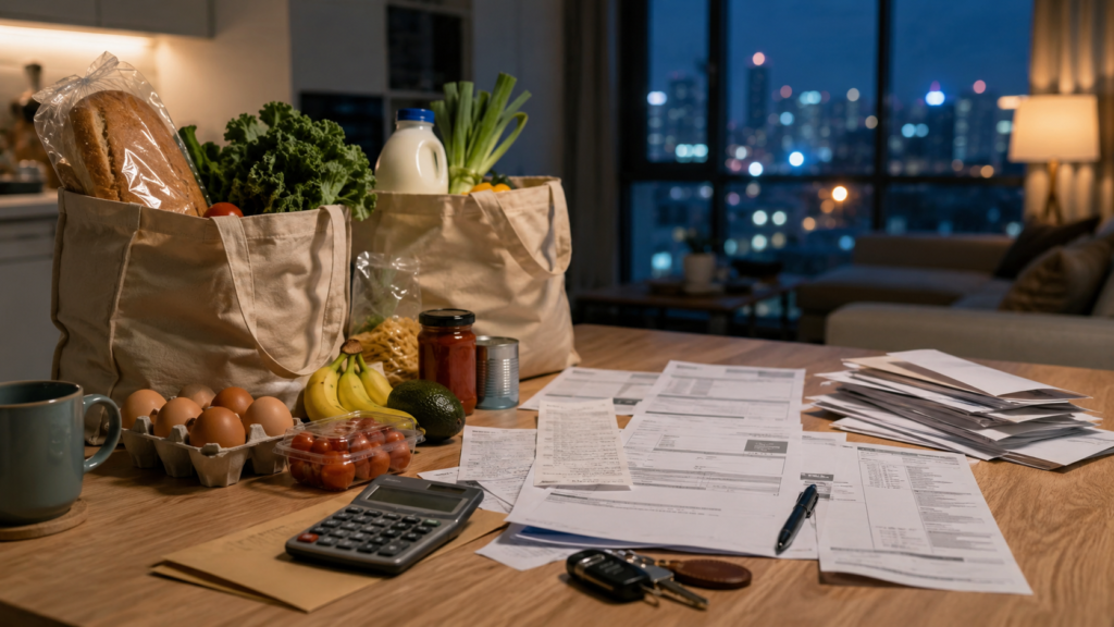 Kitchen table with groceries and bills representing why everything is so expensive