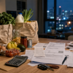 Kitchen table with groceries and bills representing why everything is so expensive