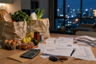 Kitchen table with groceries and bills representing why everything is so expensive