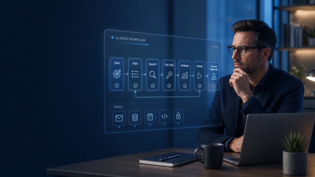 AI agents workflow showing automation, digital tools, and human oversight in 2026