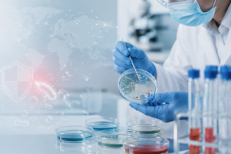Antimicrobial resistance concept showing resistant bacteria and public health risk