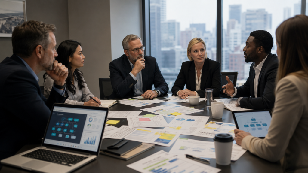 Corporate office with employees, AI dashboard, and restructuring documents representing company layoffs in 2026