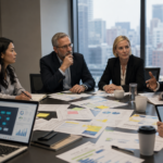 Corporate office with employees, AI dashboard, and restructuring documents representing company layoffs in 2026
