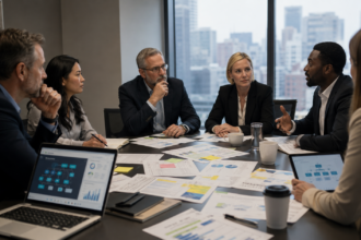 Corporate office with employees, AI dashboard, and restructuring documents representing company layoffs in 2026