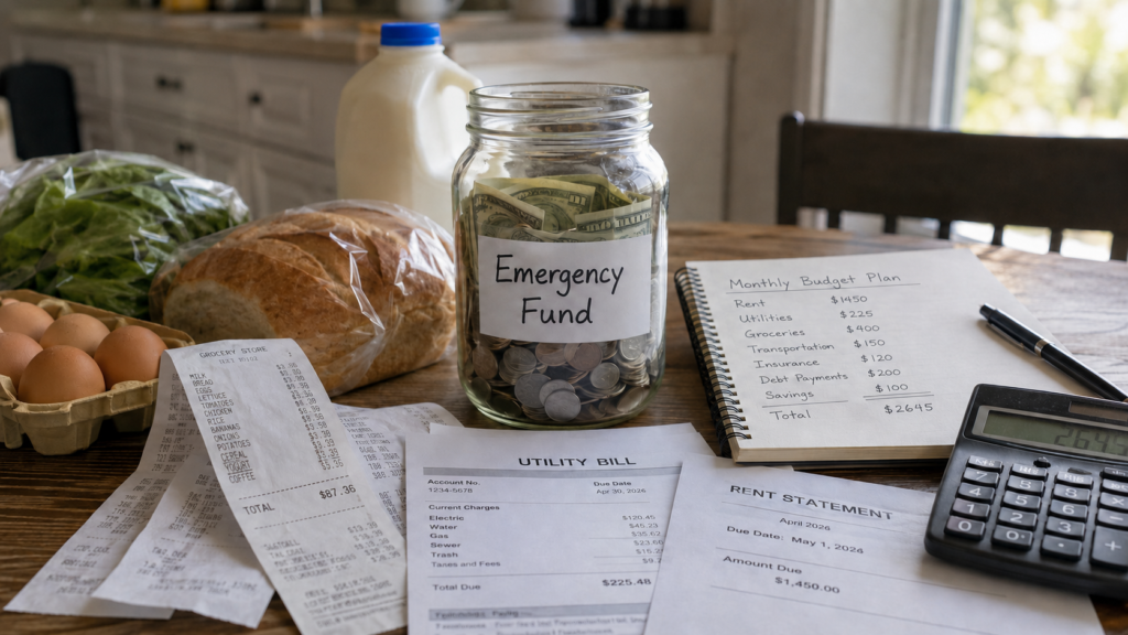 Emergency fund savings jar with household bills and grocery receipts showing high prices
