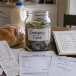 Emergency fund savings jar with household bills and grocery receipts showing high prices