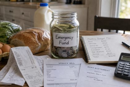 Emergency fund savings jar with household bills and grocery receipts showing high prices