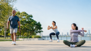 Exercise routine showing walking, strength training and cardio fitness