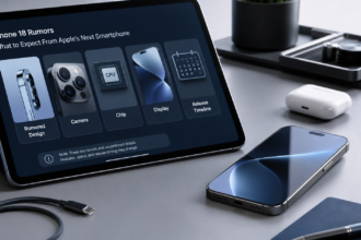 Concept smartphone with iPhone 18 rumors showing camera, display, chip, and release timeline details