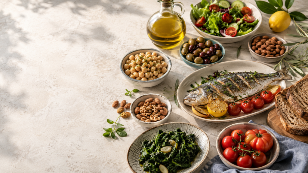 Mediterranean diet foods with olive oil, vegetables, fish and whole grains