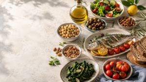 Mediterranean diet foods with olive oil, vegetables, fish and whole grains