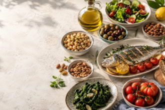 Mediterranean diet foods with olive oil, vegetables, fish and whole grains