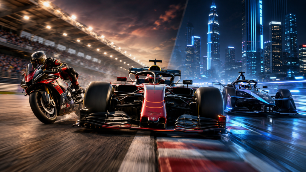 Motorsports racing new era featuring Formula 1, MotoGP, and Formula E vehicles
