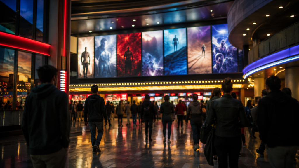 Movie theater marquee representing the rise of franchise films, superhero movies, and animated reboots in 2026