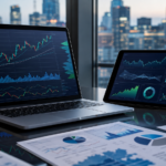 Modern financial desk with stock market charts representing the stock market outlook