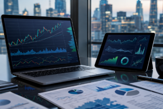 Modern financial desk with stock market charts representing the stock market outlook