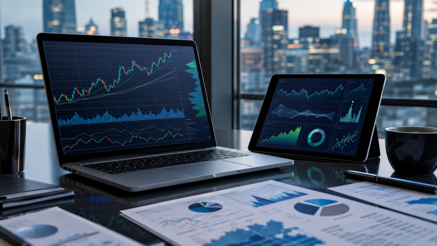 Modern financial desk with stock market charts representing the stock market outlook