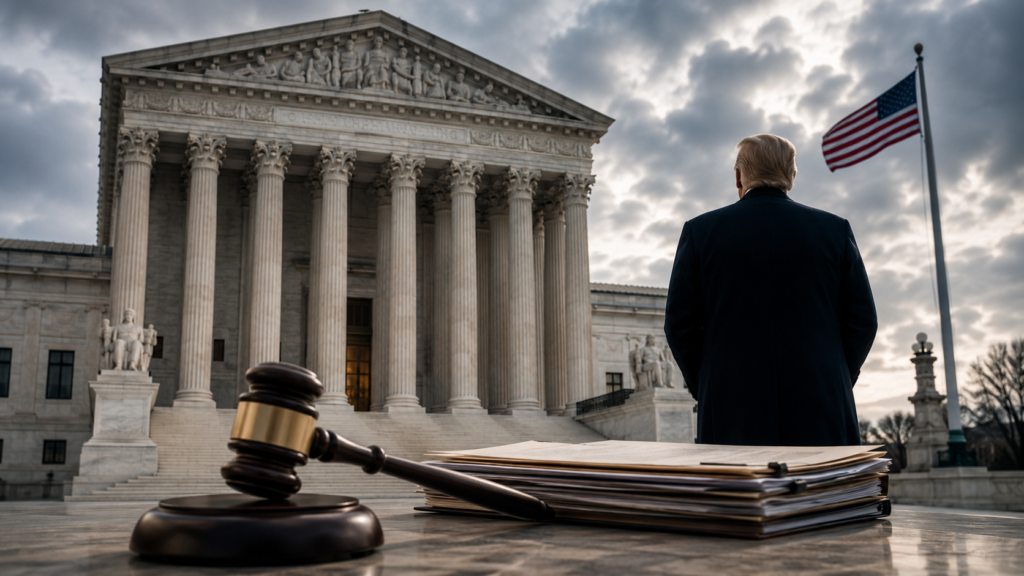Supreme Court building with legal documents representing Trump birthright citizenship order case
