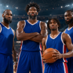 Philadelphia 76ers roster 2026 featuring LeBron James, Jaylen Brown, Joel Embiid, Tyrese Maxey, and the projected starting lineup.