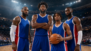 Philadelphia 76ers roster 2026 featuring LeBron James, Jaylen Brown, Joel Embiid, Tyrese Maxey, and the projected starting lineup.